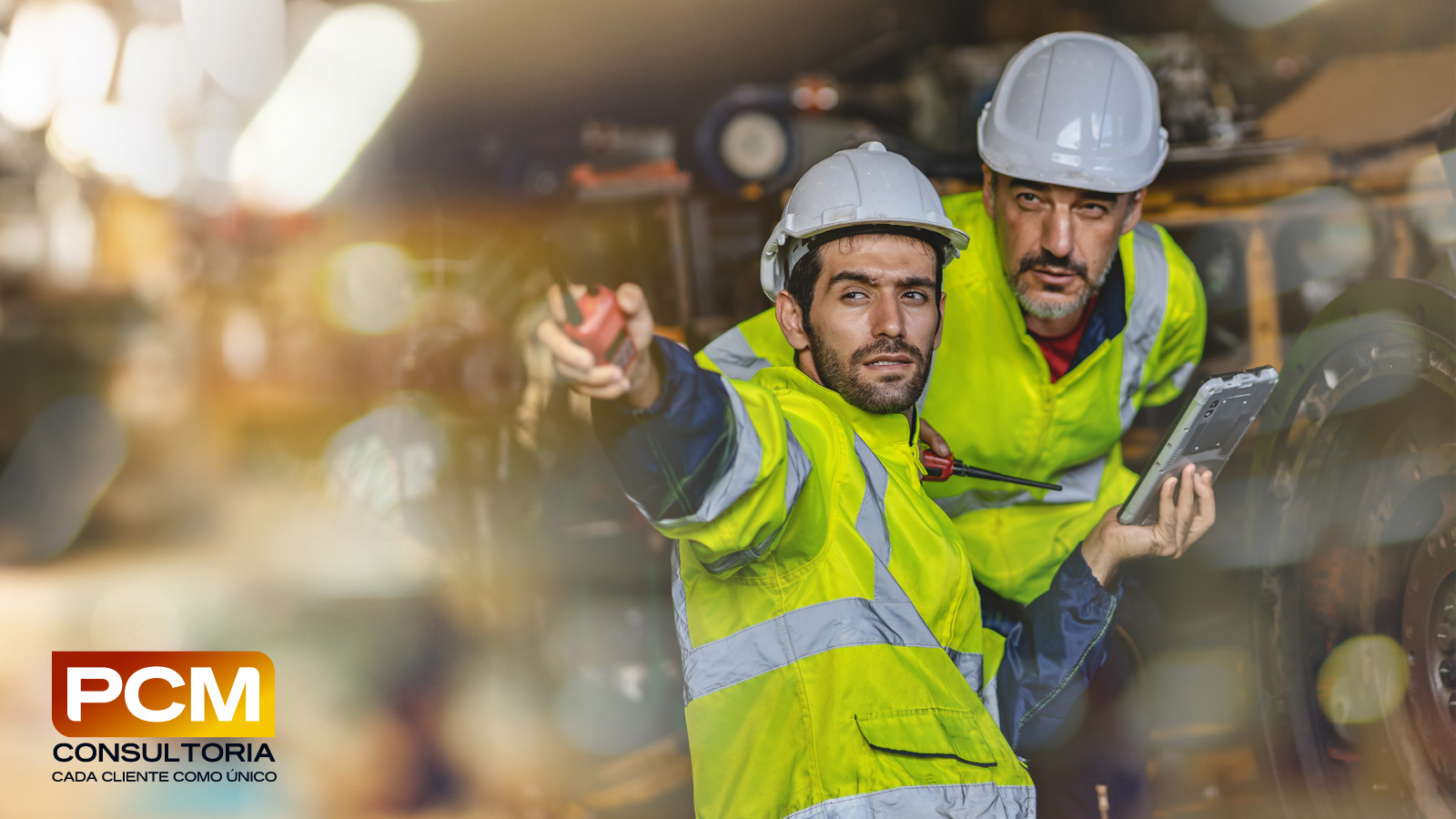 dois homens em uma fábrica com roupa de manutenção apontando para algum equipamento