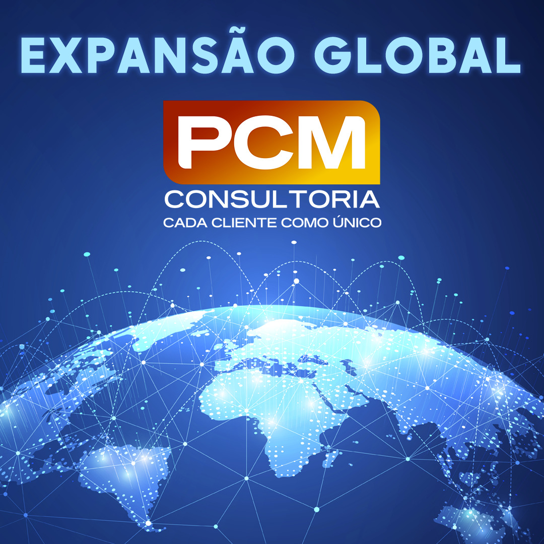 Globo terrestre com o texto "Expansão Global PCM Consultoria"