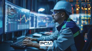 Manutentor olhando para monitores