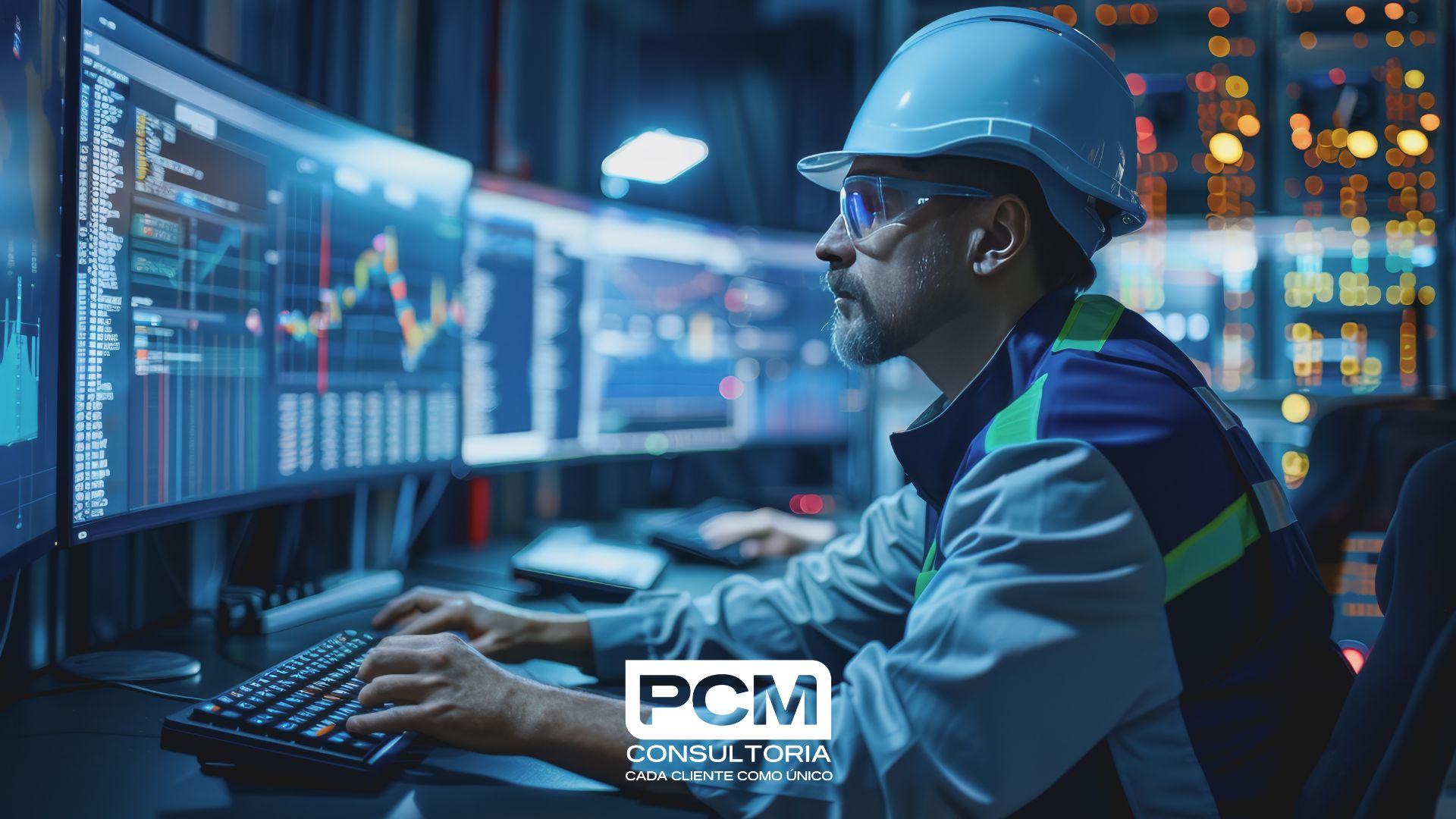 Manutentor olhando para monitores