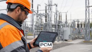 homem em uma indústria olhando dados no tablet